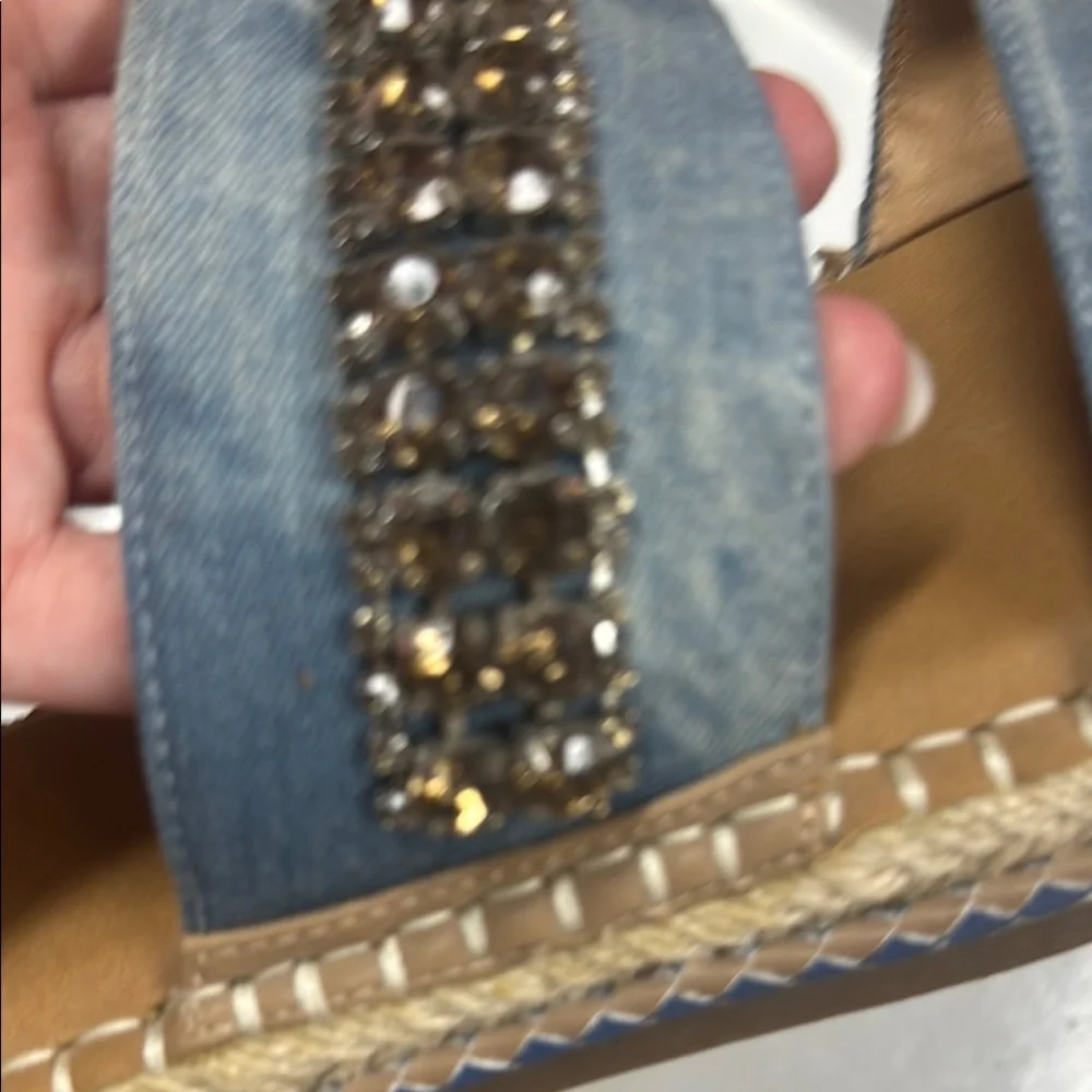 Crown Vintage Denim Blue and Tan Sandals with Studded Jeweled Straps Sz 9